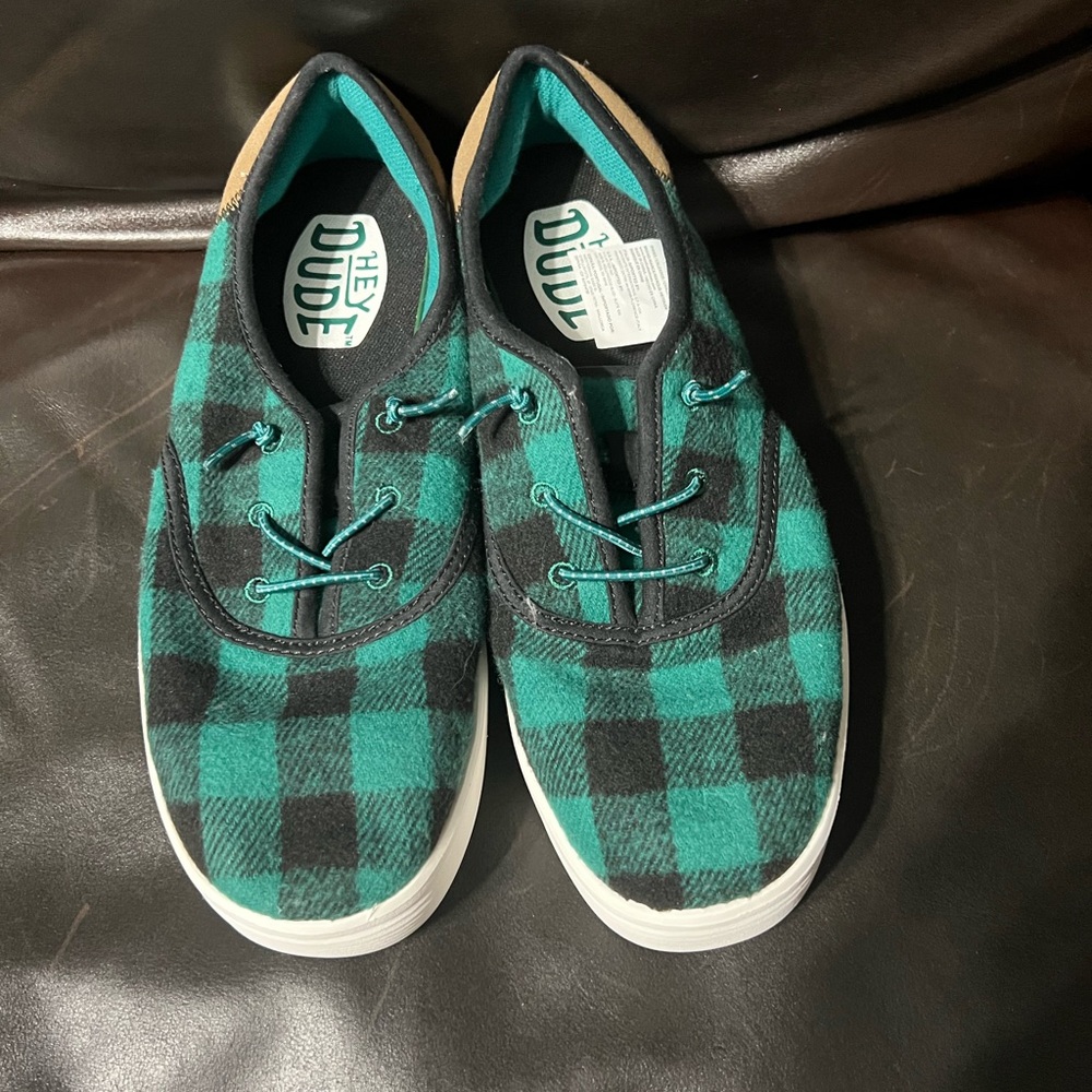 Green Buffalo Plaid Hey Dude Shoes